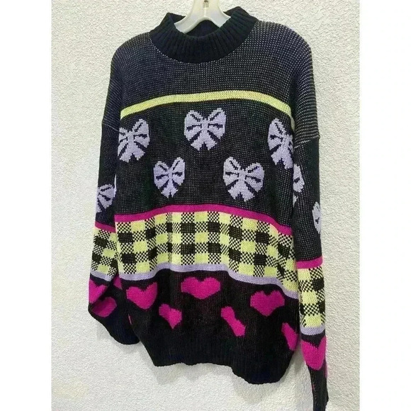 Reference Point Sweaters - VTG women Small knit sweater Tunic Black Purple Bows Heart 1980s 1990s Oversized